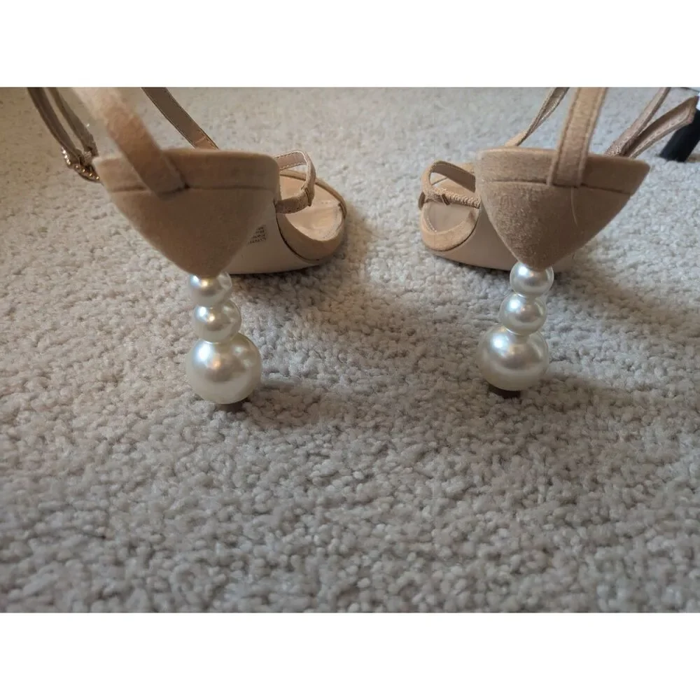 NWOT Lulus Linnett Tan Strappy Statement Bubble Pearl Heel Sandals Sz 10